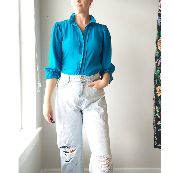 Vintage 80s 90s Ruffle Mock Neck Semi-Sheer Button-Up Blouse - Picture 2 of 10